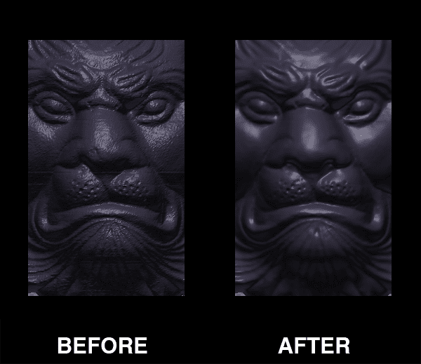 Sculptor before and after lion face